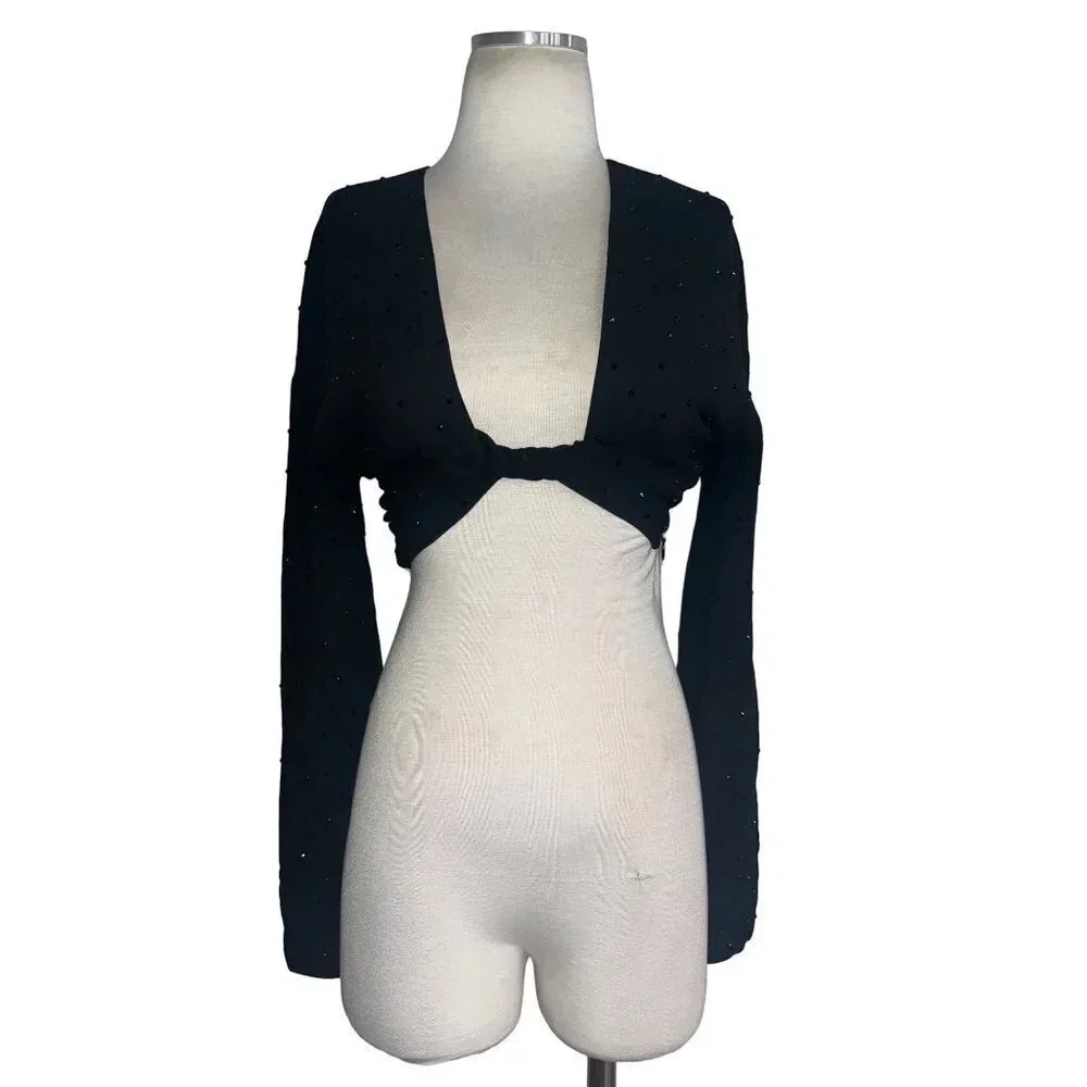 Blumarine Hot Fix Crystal Long Sleeve Crop Top in Nero Black 38 2 Womens Cropped
